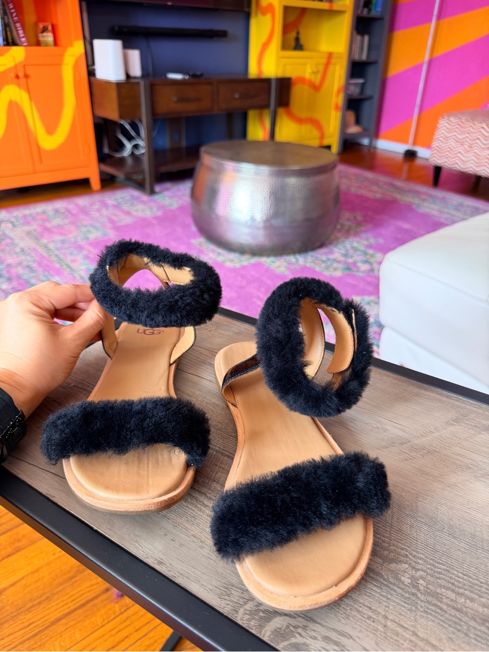 UGG Black Shearling Two-Strap Open-Toe Sandals